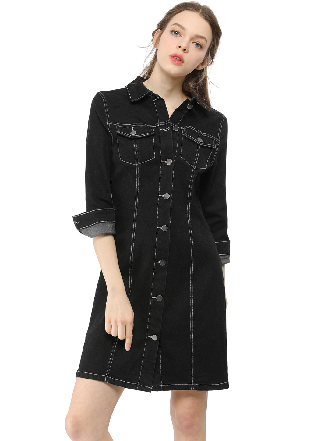 INSPIRE CHIC Robe-Chemise Ajustée en Denim pour Femmes à Manches 3/4 Boutonnée
