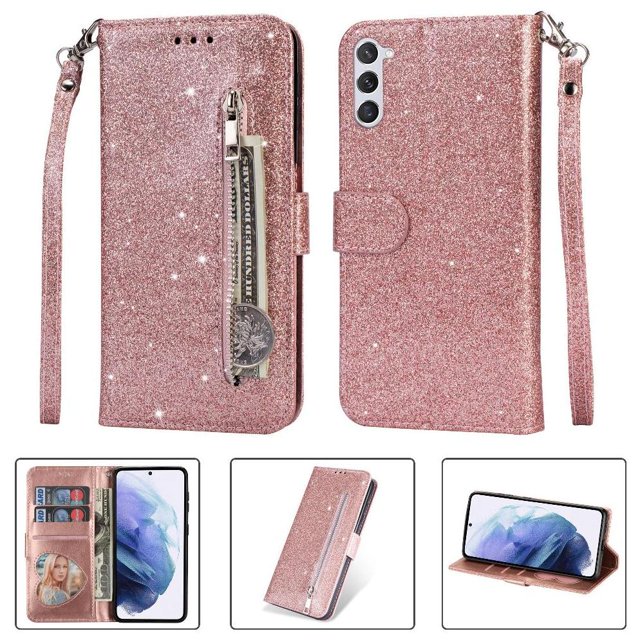 Case for FOXDOCK Samsung Galaxy S23 Plus Glitter Zipper Wallet Case with Short Hand Strap