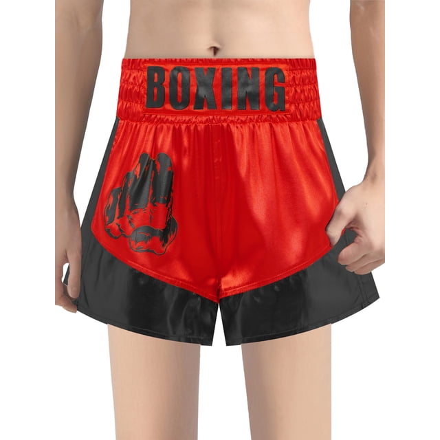 Xnihocha Unisex Kids Satin Boxing Shorts Metallic Color Block Boxer Kickboxing Muay Thai Training Trunks Red&Black 12