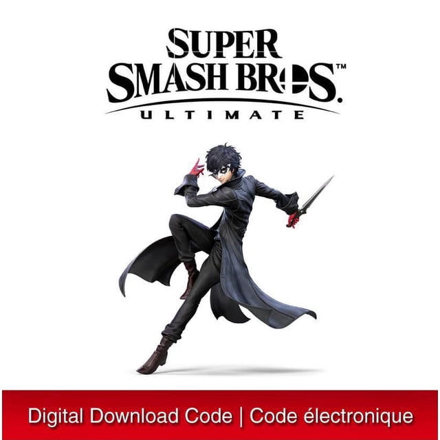 Super Smash Bros. Ultimate: Challenger Pack 1 DLC for Nintendo Switch featuring Joker from Persona 5 in a black long coat and red gloves, holding a knife in a dynamic pose, with the game logo above and a red banner below indicating digital download code.