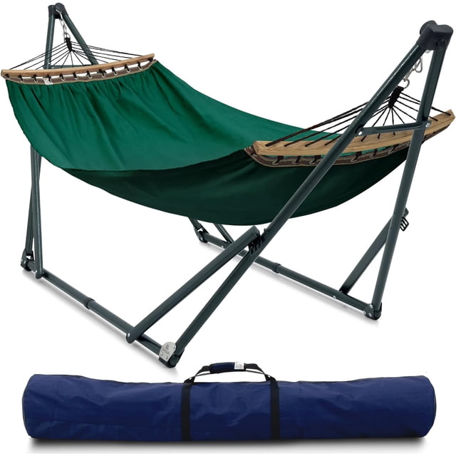Tranquillo Hamac Universel avec Supports en Acier Enduit Électrostatique, Support de Hamac Réglable et Pliable avec Filet en Polyester à 2 Couches et Sac de Transport pour 2 Personnes. Toile - Vert Émeraude