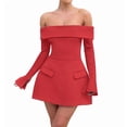 thumbnail image 3 of Robe Mini pour Femmes à Épaules Dénudées à Manches Longues Robe Trapèze Courte Robes Formelles Tenue de Fête Boîte de Nuit Rouge G, 3 of 7