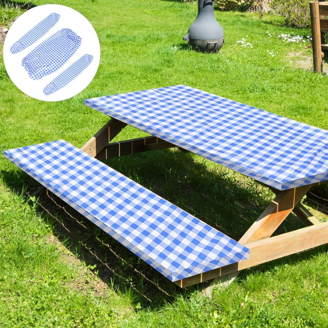 KAKOWELY 1 Set Picnic Table Accessories Blue and White Plaid Water Resistant for Outdoor Fun