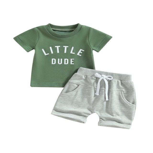 Ensemble Pantalon Garçon Manches Courtes Col Lettres Hauts + Short Décontracté de Rue à Cordon Gris 2-3 Ans