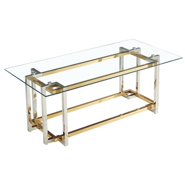 Contemporary rectangular glass and metal coffee table in silver and gold with an 8 mm clear tempered glass top and a geometric metal frame featuring polished gold and silver finishes, suitable for formal or casual living rooms and often used as a stylish display surface.