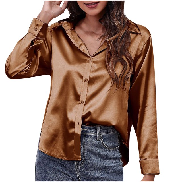 IROINID Chemises à Manches Longues pour Femmes à Col en V Réduit, Col Rabattu, Couleur Unie, Chemise de Détente, T-Shirt, Hauts, Brun