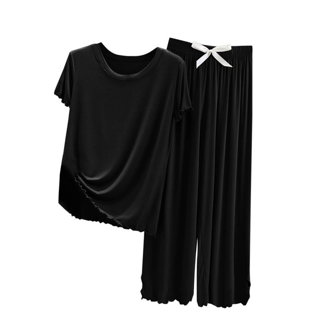 Yuyuzo Ensemble de Pyjama pour Femmes, Manches Courtes à Volants, Col Rond, Vêtements de Nuit, Pantalon Taille Haute