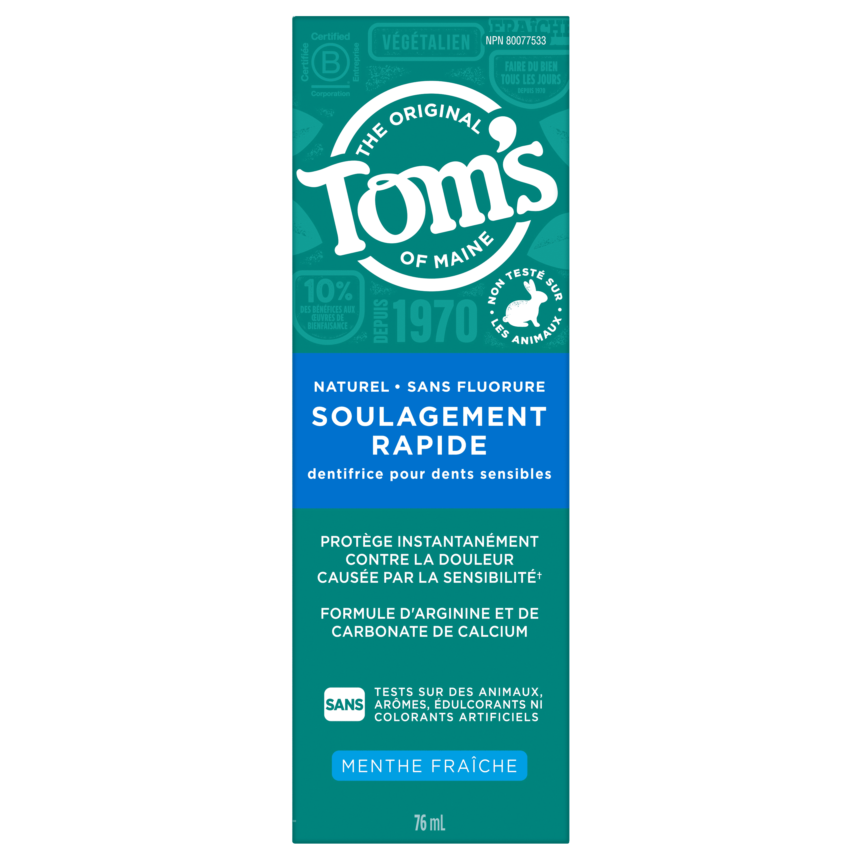 Tom’s of Maine Dentifrice sans Fluorure pour Gencives Sensibles, Menthe, 76 ml