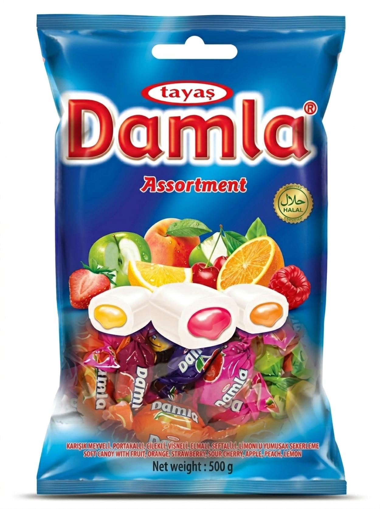Damla Soft Candy Assorted Fruit Halal 500g – Soft Chewy Fruit-Flavored Halal Candies,   Sweet and Tangy Flavors.