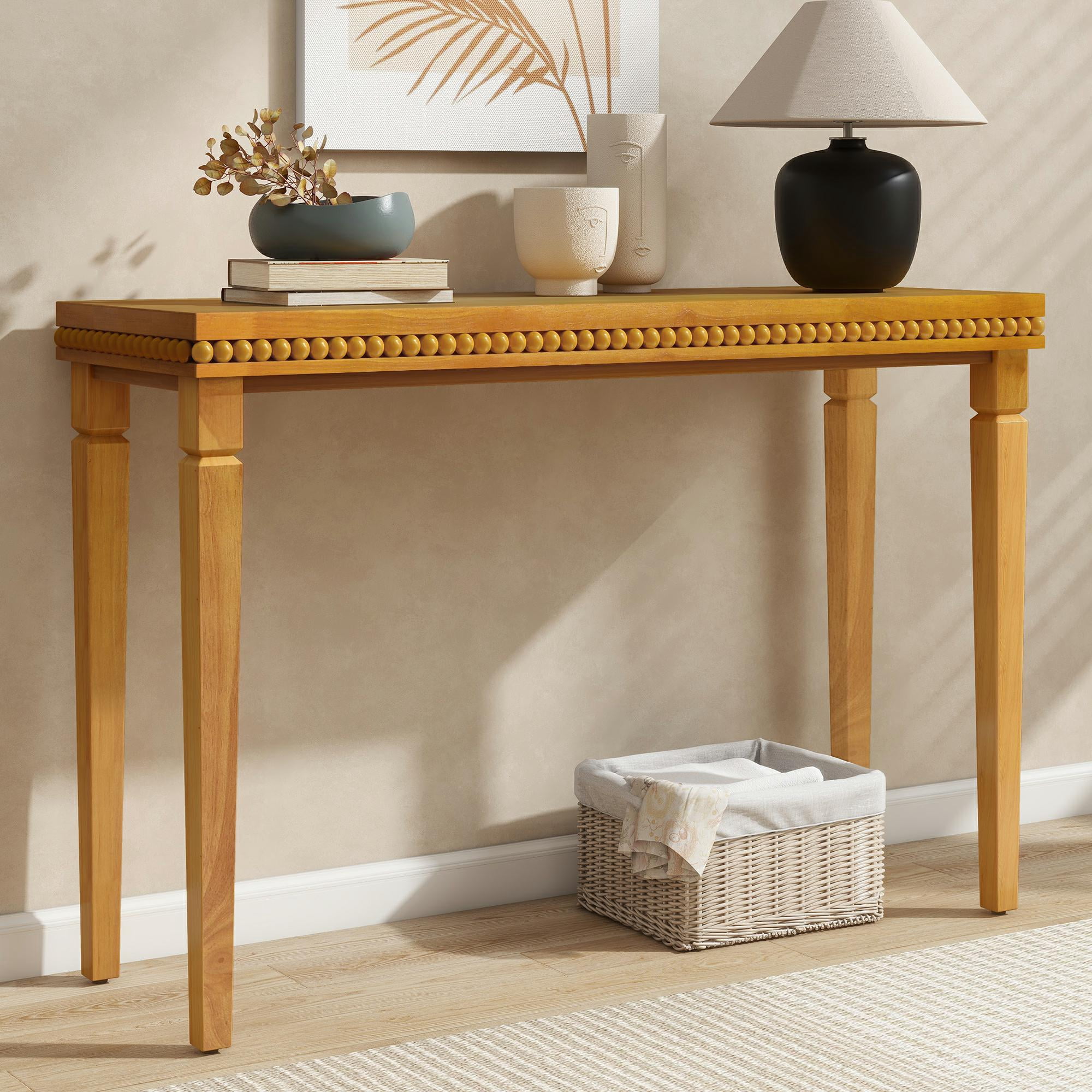 Noble House Table Console de Ferme avec Garniture Perlée, Placage en Bois Naturel pour Entrée, Salon et Couloir, Marron