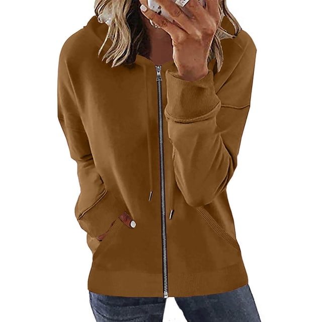 TIMIFIS Chandail à Capuchon à Manches Longues pour Femmes, Veste de Survêtement Zippée avec Poches - Brun - 2 - Sfall s