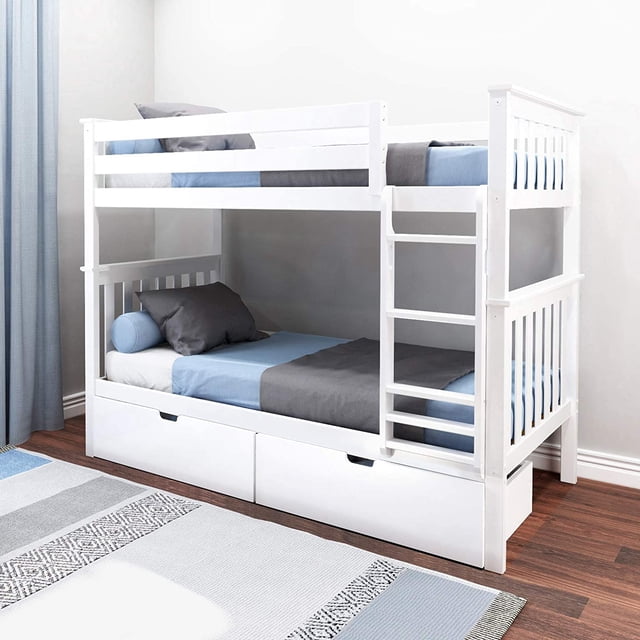 BEDSMART Lits Superposés Simple sur Simple en Bois Massif avec Rangement / Blanc