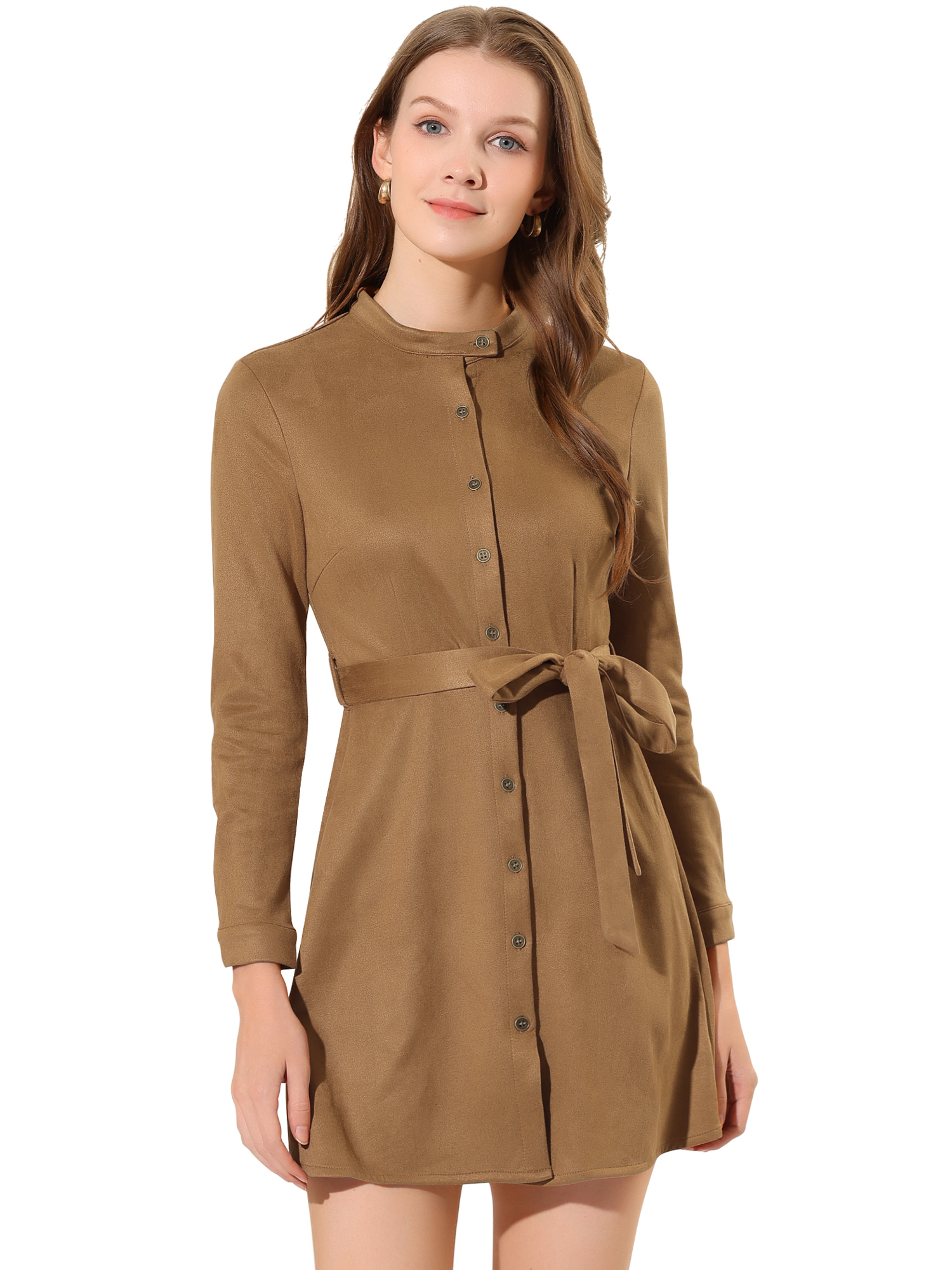 INSPIRE CHIC Robe Élégante en Faux Suède à Manches Longues Décontractée avec Ceinture pour Bureau