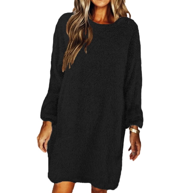 MAWCLOS Robes Mini pour Femmes Robe Chandail à Col Rond Chandail Uni Chandail Décontracté d'Hiver à Manches Longues Noir 3TG
