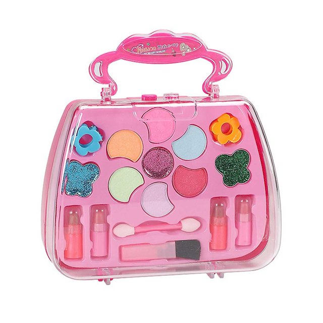 Kids Girls Makeup Set, an eco-friendly cosmetic pretend play kit for toddlers and children, featuring a pink plastic case with a handle. The set includes colorful pretend makeup items such as eyeshadows, lipsticks, brushes, and glitter shapes, designed for safe, non-toxic, and washable use. Ideal for imaginative play and early learning, this durable kit is suitable for children aged 6 years and up.