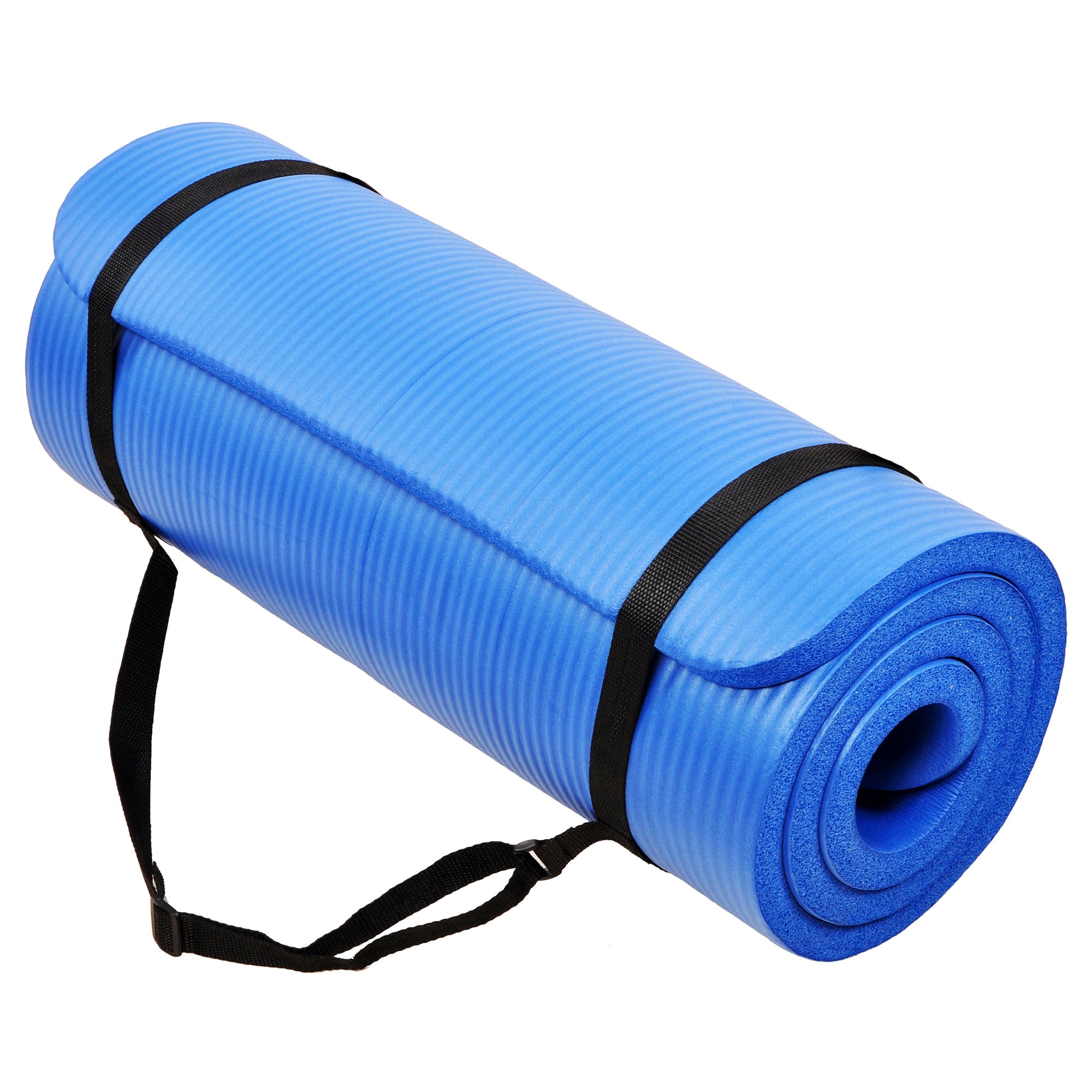 Signature Fitness 1" Extra Thick Exercise Yoga Mat with Carry Strap, Blue