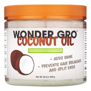 Wonder Gro Revitalisant pour Cheveux et Cuir Chevelu Huile de Noix de Coco Pot de 12 oz avec Contenant Transparent et Couvercle orange. l'Étiquette Met en Valeur des Bienfaits Tels Qu'ajouter de la Brillance, Prévenir la Casse des Cheveux et les Pointes Fourchues. Idéal pour le Traitement du Cuir Chevelu et les Soins Capillaires, Convient à Tous les types de Cheveux, et Infusé d'Huile de Noix de Coco Nourrissante.