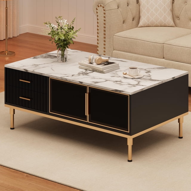 45.6'' Marble Coffee Table - 4 Drawers, 2 Glass Doors, Large Storage, Adjustable Metal Legs - Small Fluted Cocktail Table with Storage for Living Room,Office
