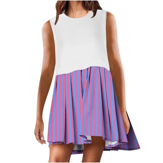RKSTN Robes d'Été pour Femmes 2024 Décontractées Patchwork Sans Manches Col Rond Plissé Robes Amples Grande Taille Couleur Unie Taille Élastique Robes Midi