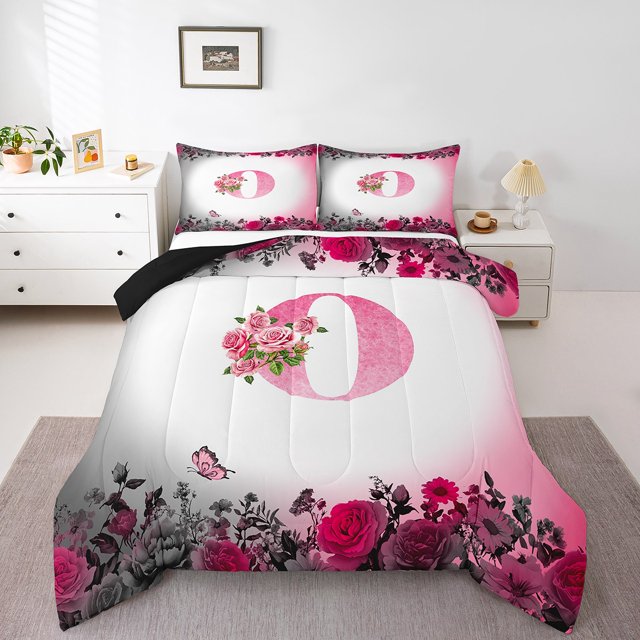 Erosebridal Letter Comforter Sets Queen Size For Teens,Rose Flower Bedding Queen Comforter Set,Butterfly Room Decorative,Reversible,Ultra Soft,3-Piece