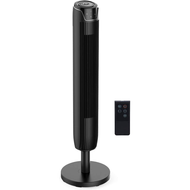 Senville Oscillating Tower Fan with 3 speed settings, eco-mode, remote control, and timer. Features a sleek black design with vertical vents and an adjustable telescopic base that converts from 36 to 42 inches. Includes a compact remote control for easy operation.