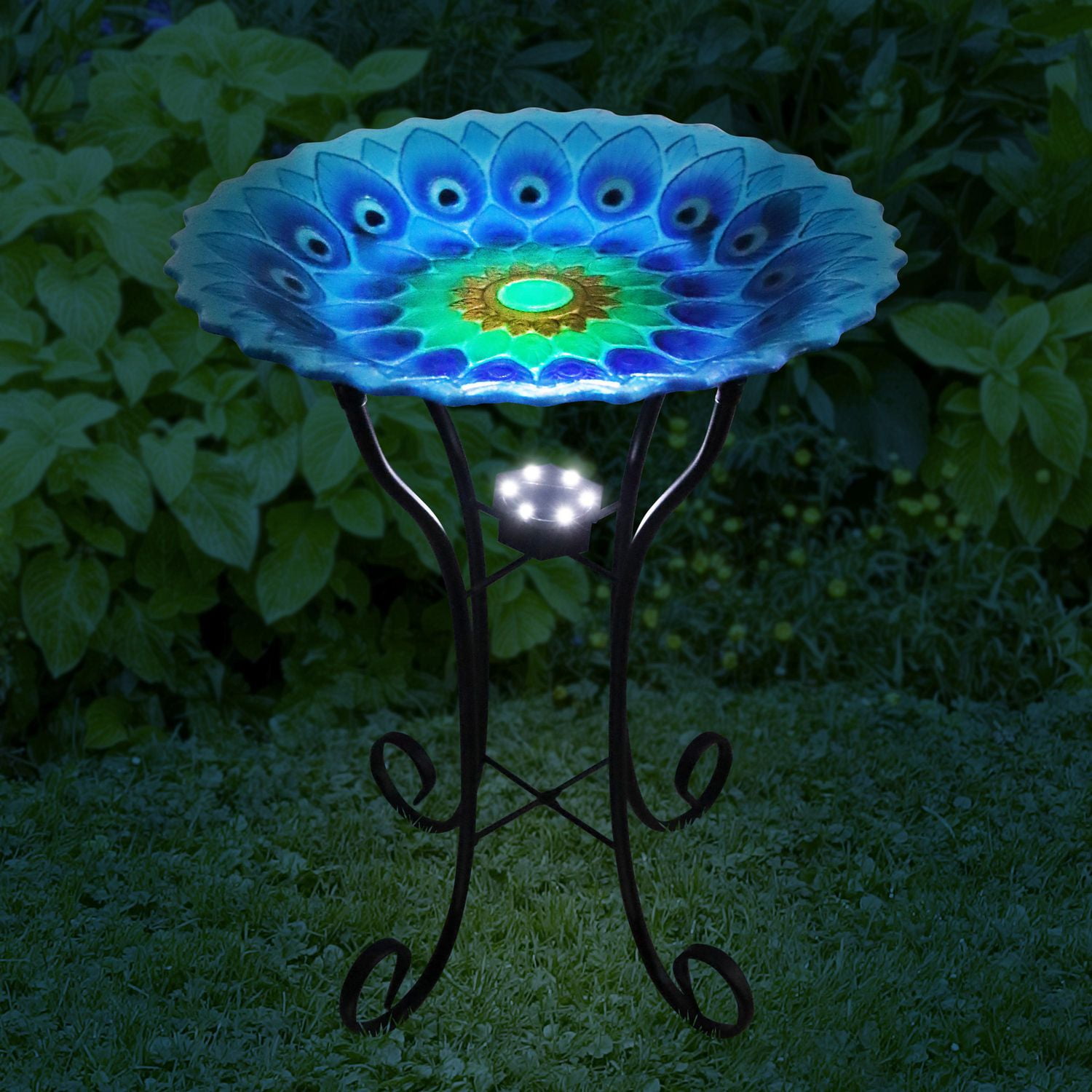 Angelo Décor Bain d'oiseau en verre de paon de 59 cm avec support en métal et lumière solaire