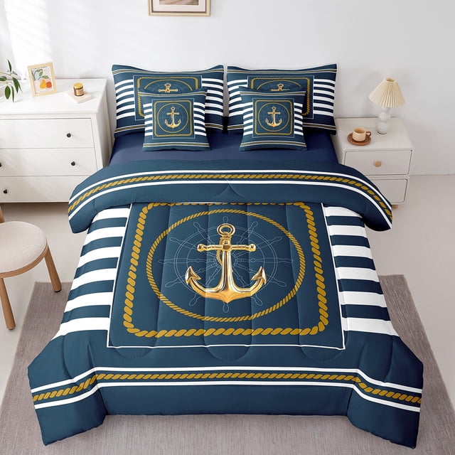 Erosebridal Ensemble de Literie Complet Taille Simple à Ancre Dorée, Ensemble de Lit à Rayures Géométriques, Décor de Chambre Bleu Marine et Or, Réversible 7 Pcs