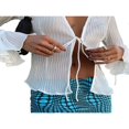 thumbnail image 3 of Chemise Plissée pour Femmes Manches Longues Col en V Profond Hauts d'Été à Volants, 3 of 9