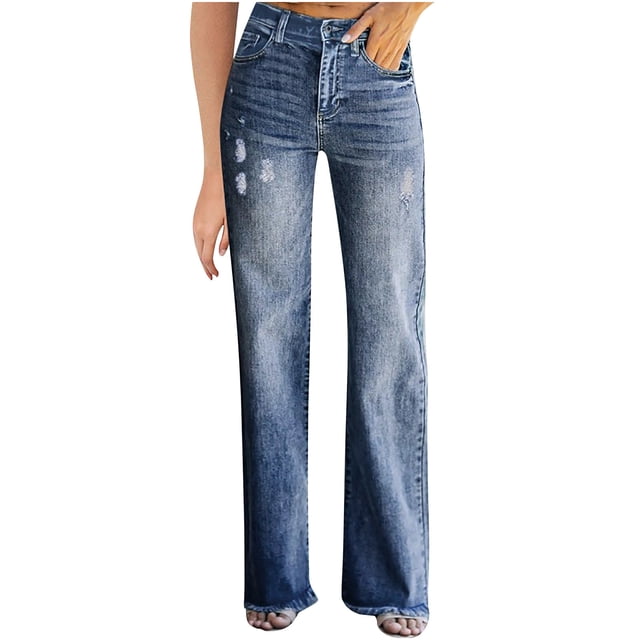 Bigersell Straight Jeans Women Straight Jeans Sale Bell Bottom Jeans Ankle Leg Denim Pants Button Closure Washed Distressed Female Ripped Jeans Fitted High Waist Full Length Pants Style J-39 Blue XL