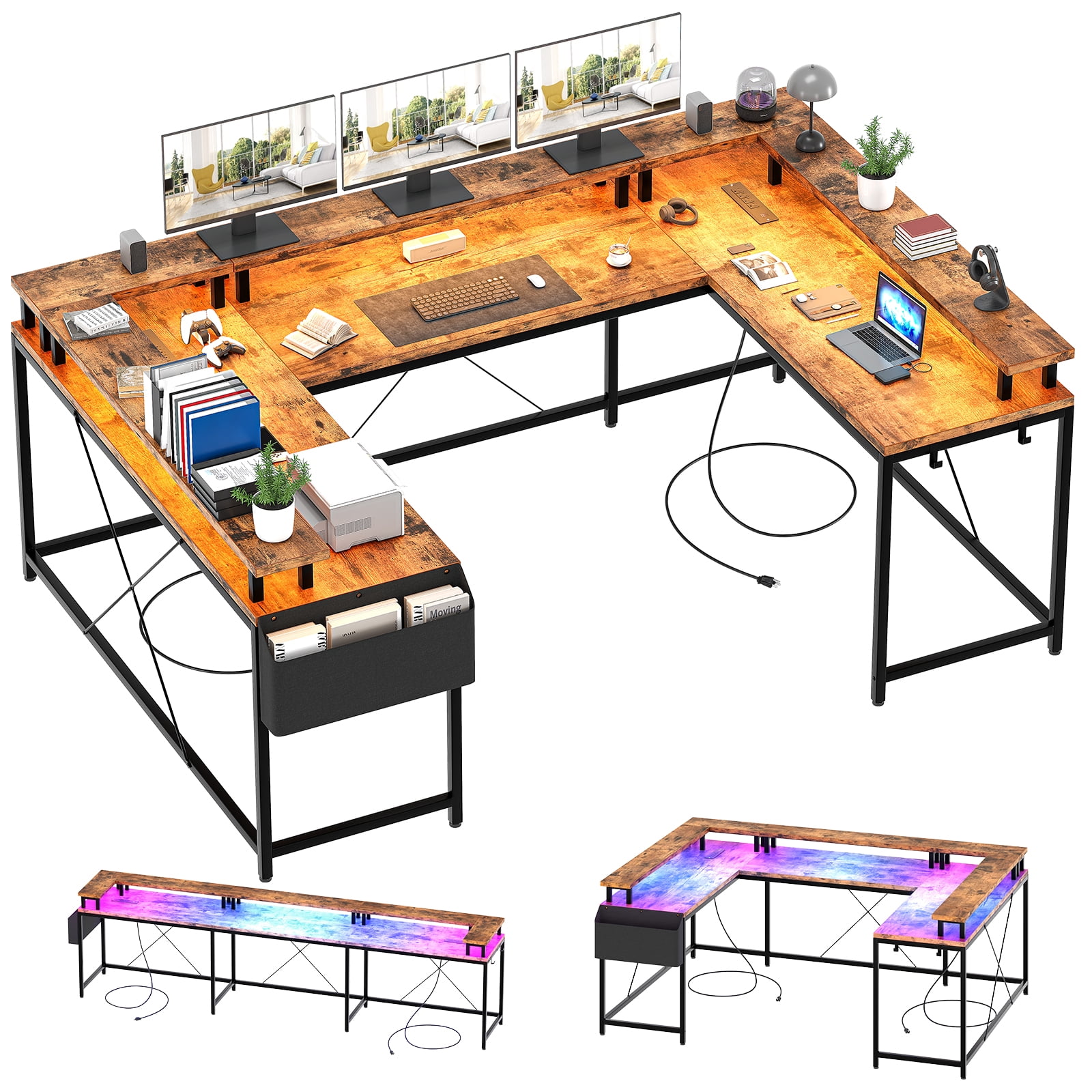 Towallmark U-Shaped Computer Desk with Power Outlets & LED Lights, 79 Inch Reversible L-Shaped Office Workstation with Full Monitor Stand, Corner Desk for Home Office & Gaming– Tiger Stripes