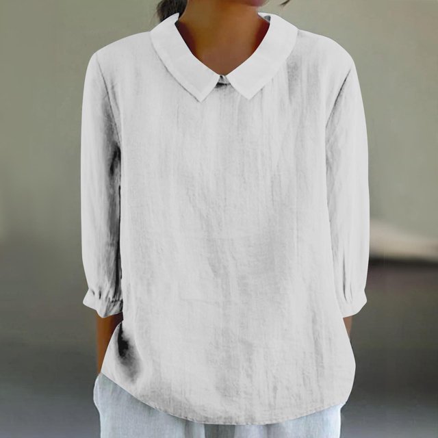 AherBiu Chemises en Lin pour Femmes Manches 3/4 Col à Revers Style Rétro Hauts Décontractés Amples Mode Automne 2024 Blouses