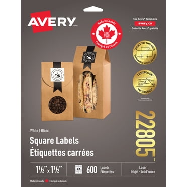 Avery Étiquettes carrées blanc mat, 1½" x 1½", pour imprimantes laser et à jet d’encre - 22805