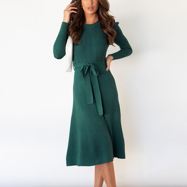 Dvkptbk Pulls pour Femmes Robe Pull Mi-Longue Col Rond Manches Bouffantes Couleur Unie Jupe Tricotée Vêtements en Liquidation