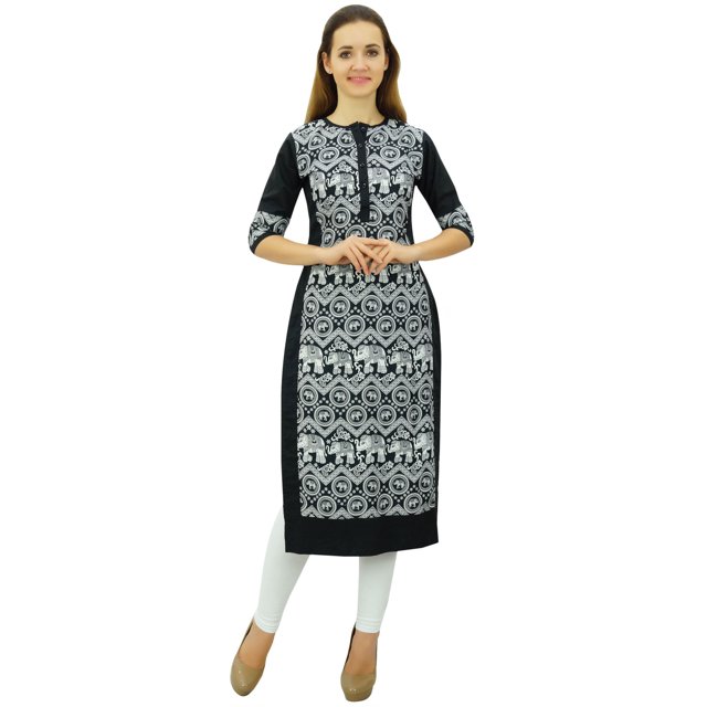 Phagun Kurta Droite Noire de Designer pour Femme, Manches 3/4, Kurti Décontractée Imprimée-22