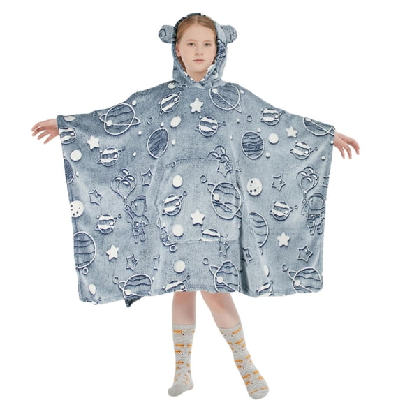 Marina Decoration Glow in the Dark Blanket Wearable Hoodie for Kids Girls Oversized Woven Fluffy Plush Soft Warm Cozy Flannel Fleece Hooded Sweatshirt with Giant Pocket, 110 x 75 cm Grey Astronaut