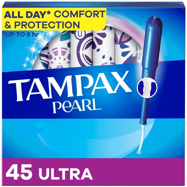 Tampax Pearl Tampons with LeakGuard Braid, Ultra Absorbency, unscented, in a blue box showing a blue applicator with anti-slip grip and tampon string, offering up to 8 hours of all day comfort and protection, containing 45 ultra absorbency tampons designed to prevent leaks and gently expand to fit unique shapes.