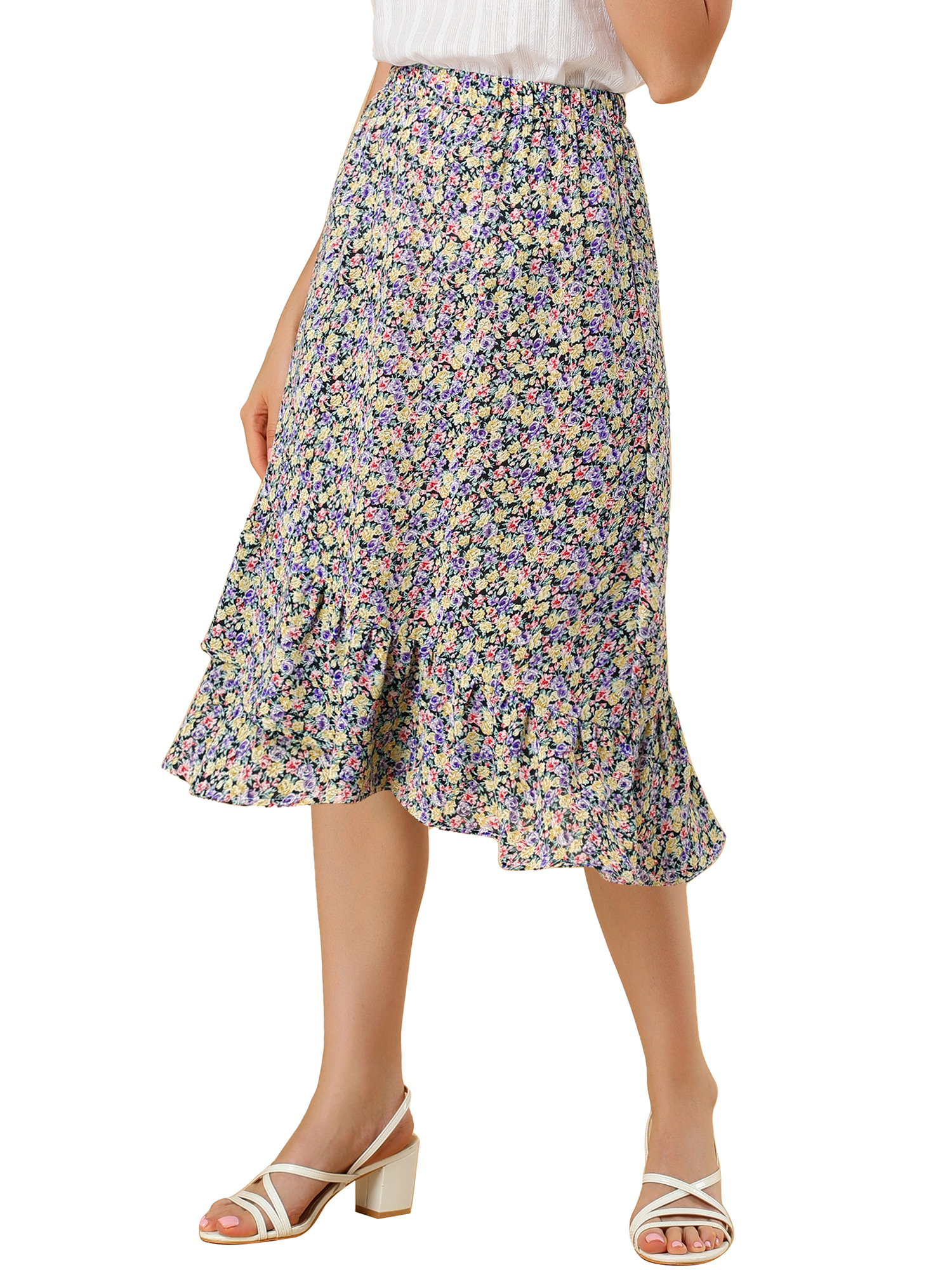 Unique Bargains Women's Floral Elastic Waist Ruffle High Low Hem Skirts