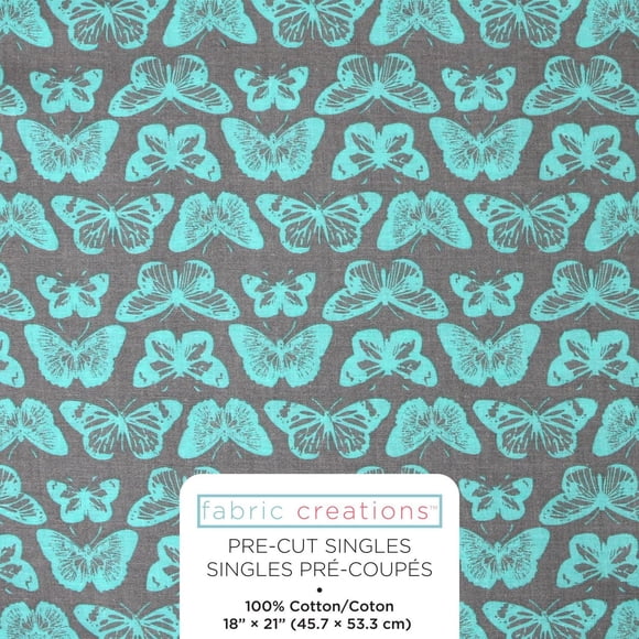 Fabric Creations gris with Aqua bleu Butterflies fat quarter Pre-Cut Fabric - 46 cm (18 in) × 53 cm (21 in) / 45 cm (17.7 in) × 53 cm (20.9 in), 18x21