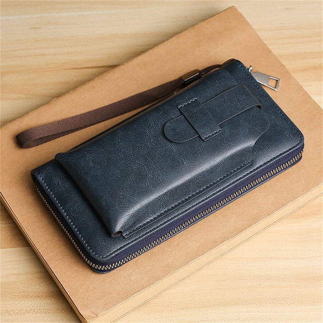 Cagogo Large Capacity Leather Wallet, RFID Blocking Zippered Billfold, Men's Long Wallet for 6.9 Inch Phones, Multiple Card Slots and Cash Compartments, Slim Bifold Design for Travel and Business,