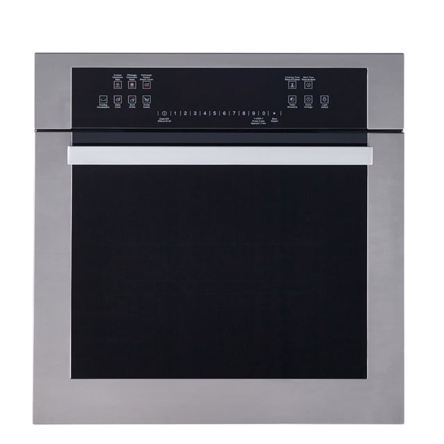 MOFFAT Four à Convection à Paroi Simple de 24 Pouces en Acier Inoxydable avec Panneau avant en Verre Noir Élégant et Commandes Tactiles. Doté d'Une Fonction de Nettoyage Manuel et d'Un design de Four Simple, Convient à une installation Murale Intégrée.
