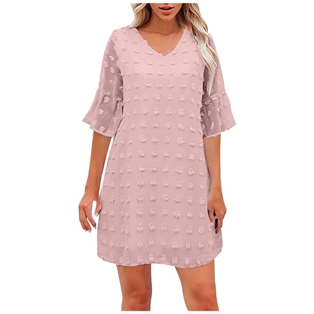 Cameland Robe d'Été pour Femmes, Couleur Unie, Col en V, Chiffon à Pois, Manches Courtes, Col en V