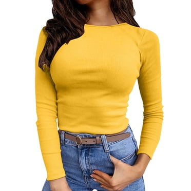 Fgnfyis T-Shirts à Manches Longues pour Femmes, Col Ras du Cou Extensible, T-Shirt Côtelé Ajusté, T-Shirts Basiques Décontractés pour Femmes, Orange, TG