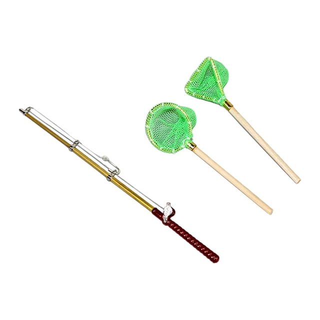Milaget Dollhouse Miniature Fish Rod Fishing Net Set Mini for Doll House Garden Pond Green Net