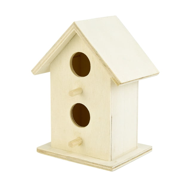 Dox House Bird House Bird Box Wooden Box made of natural wood, approximately 11x7.5cm in size. Features a slanted roof, two circular entry holes, and perches for birds. Suitable for bird nesting and as a garden accessory for terraces or outdoor spaces. Includes a metal eyelet for hanging.