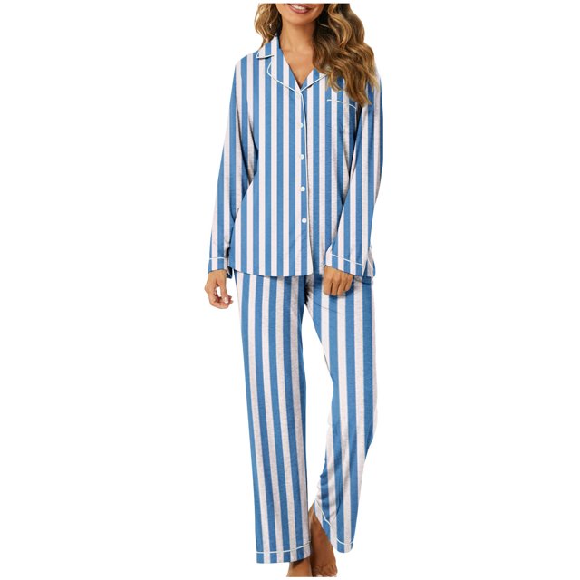 Generic Women's Home Pocket Printed Pajama Set for Daily Home Wear in sky blue, size 6(M). This women's loungewear set includes a long-sleeve button-up top with a collared neckline and matching full-length pants, both featuring vertical white and blue stripes. Made from a soft polyester-spandex blend for comfort and stretch, ideal for casual loungewear, striped pajama set, sleepwear, or daily home use.