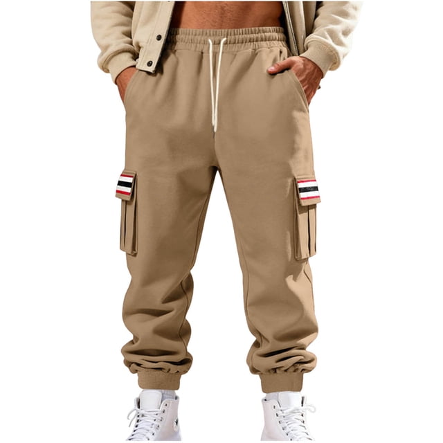 Lovzfmll Men's Retro Striped Fleece Joggers, Solid Color Base, Heavy Pile, Drawstring Waist, Pockets for Warmth Khaki, M