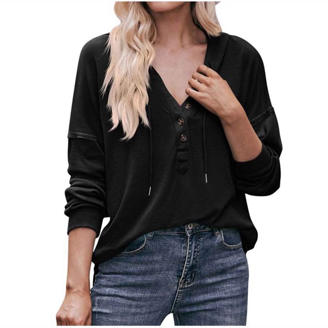 CEHVOM Chandail à Capuchon à Manches Longues pour Femmes, Mode, Uni, Col en V, à Boutons, Liquidation