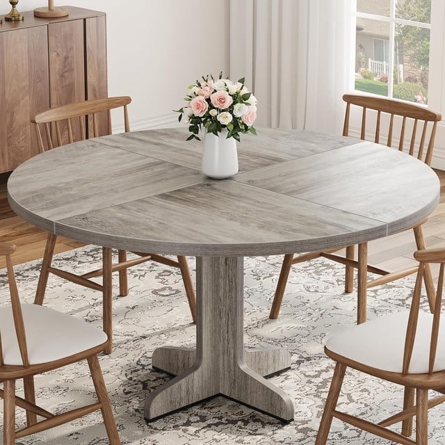 Round Dining Table for 4, 47" Dining Room Table with Wooden Base, Circle Kitchen Dinner Table for Dining Room, Kitchen, Living Room (Table Only), Grey