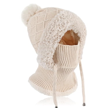 Tuque Tricotée Chaude d'Hiver avec Cache-Cou pour Femmes, Bonnet Tricoté Ample et Ajustable avec Pompon, Tuque d'Hiver en Laine avec Doublure Chaude en Molleton, Cagoule Coupe-Vent à Capuchon Snood pour Femmes (Beige)