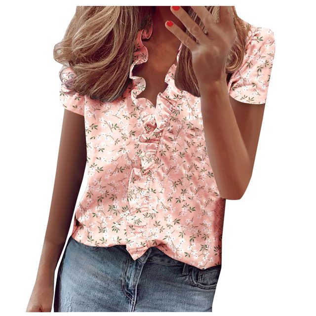 Pompotops Women's Casual Solid Color Ruffle Collar Long Sleeve Ruffle Shirt Blouse V-Neck Short Sleeve Shirt Tops